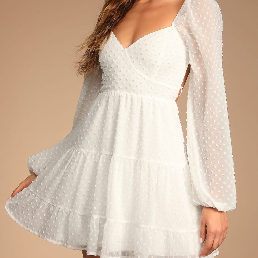 Longing And Love White Swiss Dot Puffed Long Sleeve Mini Dress, Size XL, NWT